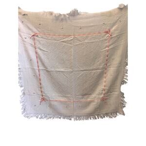 Vintage Daytons white with pink rose buds and fringe baby blanket made in Spain